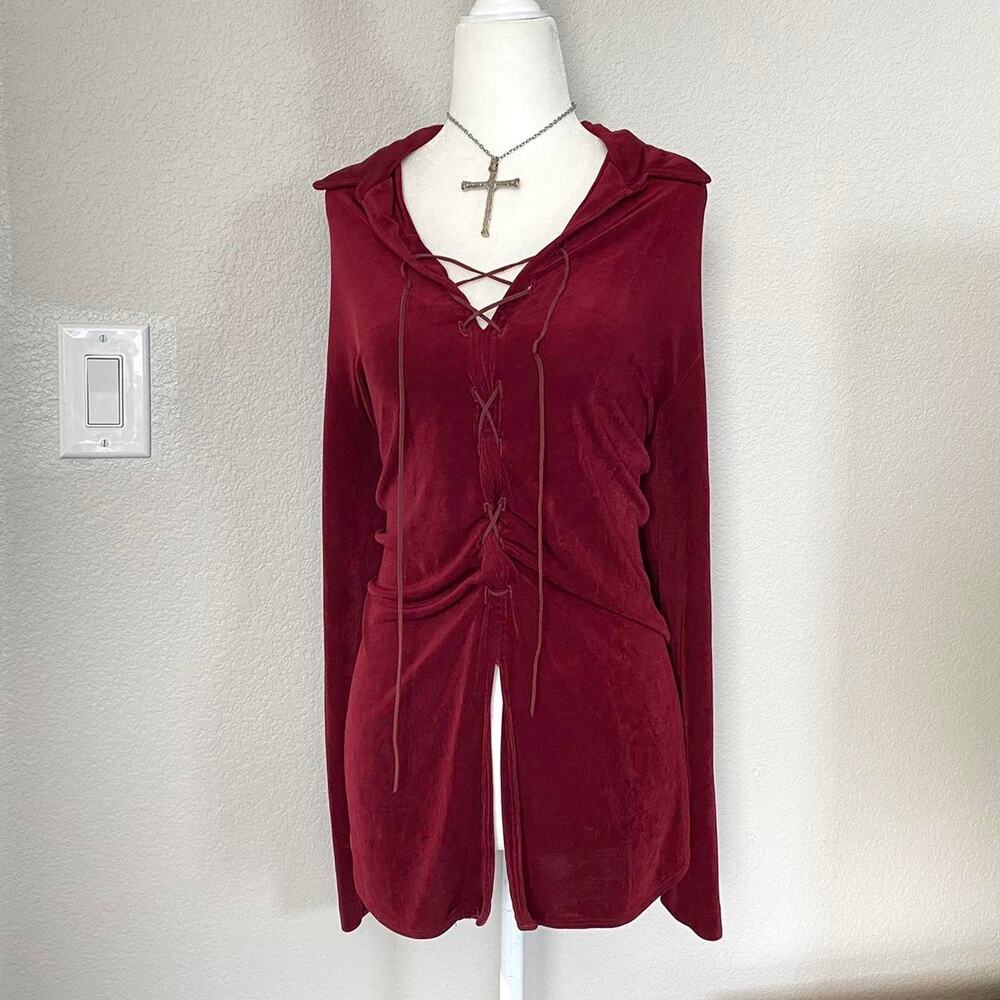 Burgundy collared suede ribbon blouse
